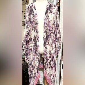 Soft Surroundings Purple Pink Belted Fringe Light Coverup Kimono Cardigan 2X
